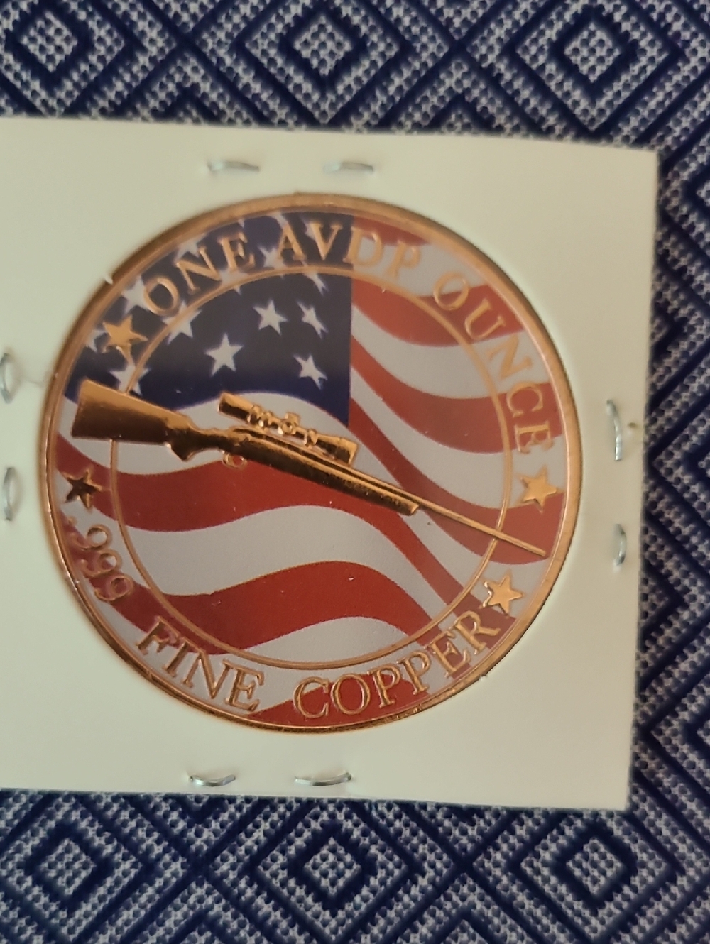 One AVDP Ounce .999 Fine Copper American Flag Round with Rifle Emblem